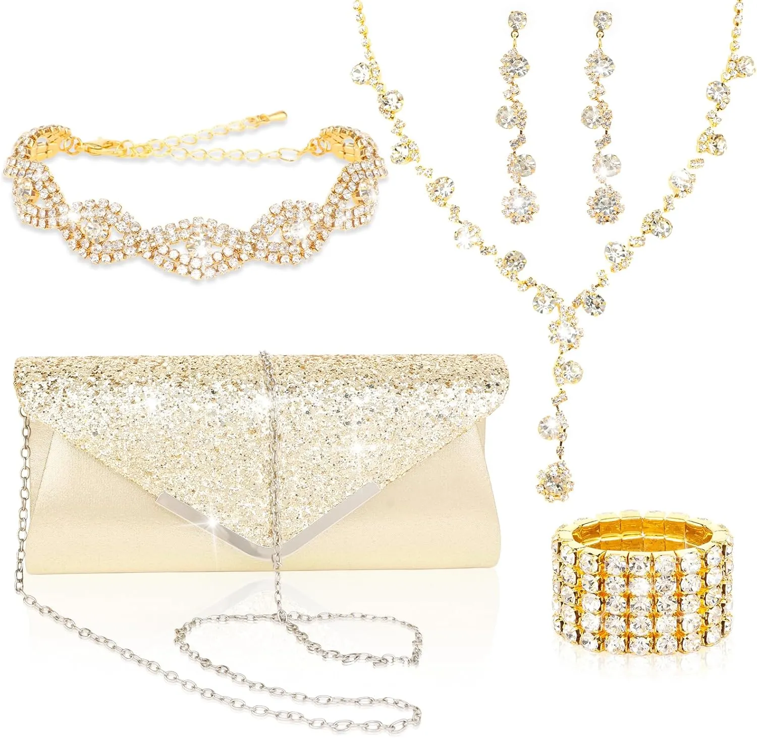 5 Pieces Clutch Purse Rhinestone Jewelry Sets for Women Prom Necklace Earrings Bracelet Ring Bling Glitter Purse Formal Jewelry for Women Evening Wear