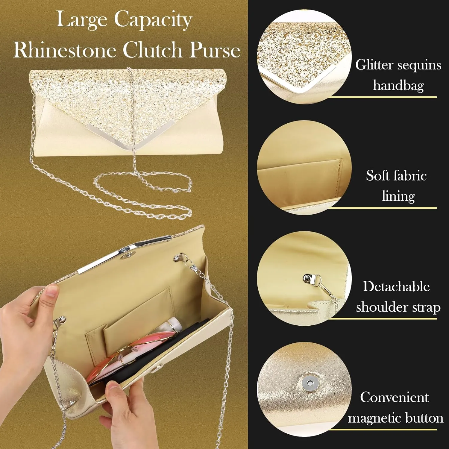 5 Pieces Clutch Purse Rhinestone Jewelry Sets for Women Prom Necklace Earrings Bracelet Ring Bling Glitter Purse Formal Jewelry for Women Evening Wear