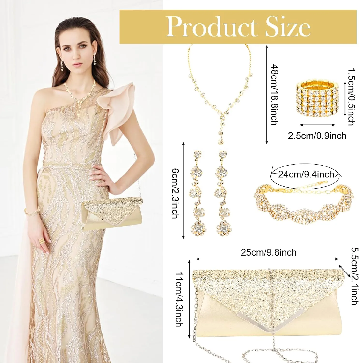 5 Pieces Clutch Purse Rhinestone Jewelry Sets for Women Prom Necklace Earrings Bracelet Ring Bling Glitter Purse Formal Jewelry for Women Evening Wear