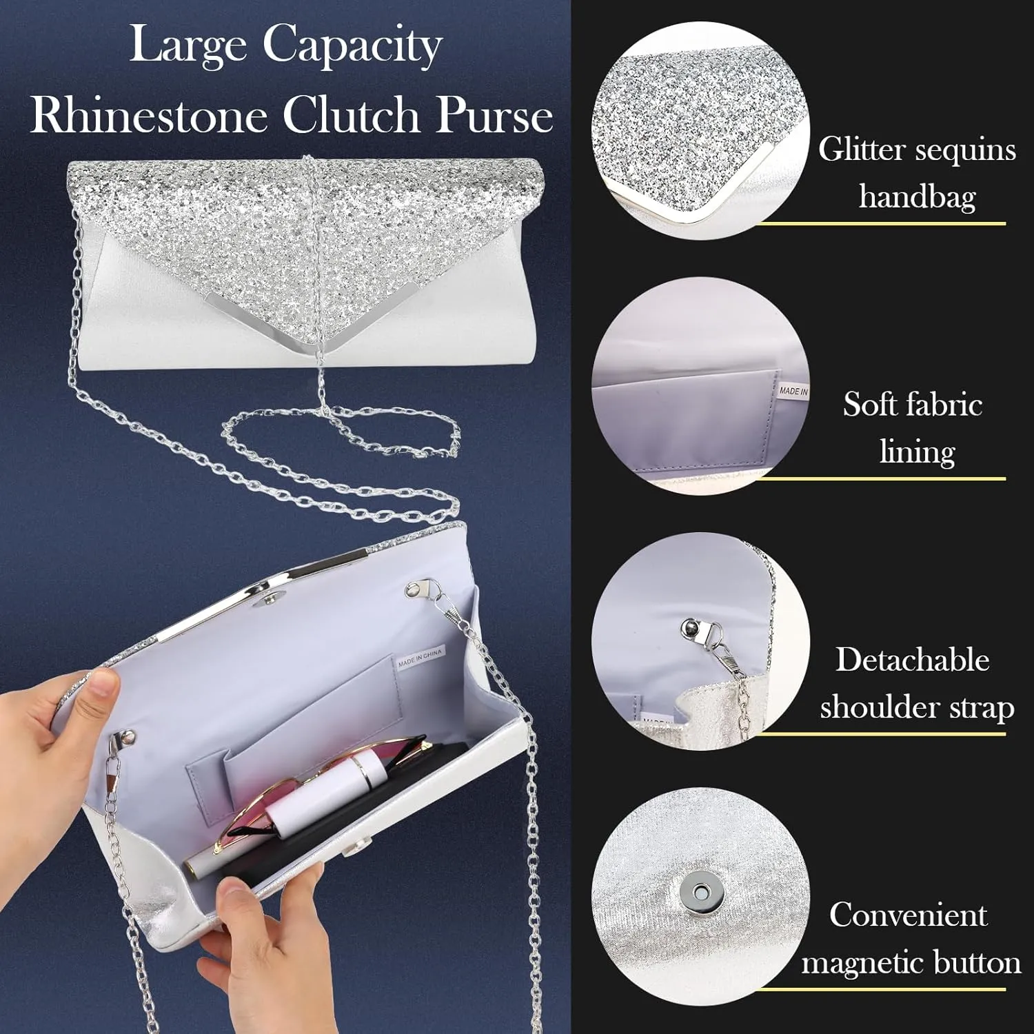 5 Pieces Clutch Purse Rhinestone Jewelry Sets for Women Prom Necklace Earrings Bracelet Ring Bling Glitter Purse Formal Jewelry for Women Evening Wear