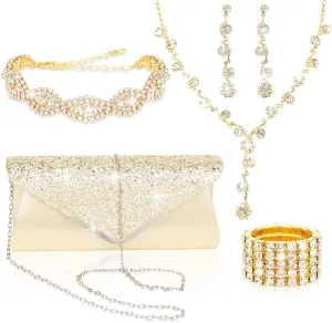 5 Pieces Clutch Purse Rhinestone Jewelry Sets for Women Prom Necklace Earrings Bracelet Ring Bling Glitter Purse Formal Jewelry for Women Evening Wear