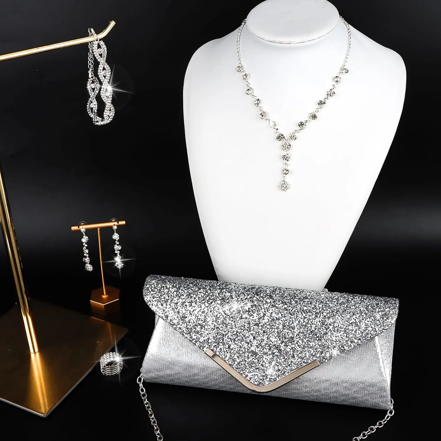 5 Pieces Clutch Purse Rhinestone Jewelry Sets for Women Prom Necklace Earrings Bracelet Ring Bling Glitter Purse Formal Jewelry for Women Evening Wear