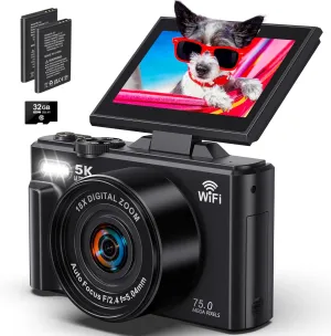 5K Digital Camera for Photography - WiFi 75MP Vlogging Cameras for YouTube - UHD Autofocus Video Camera 3" 180° Flip Screen with 18X Zoom - Compact Vlog Travel Camara with 32GB SD Card, 2 Batteries