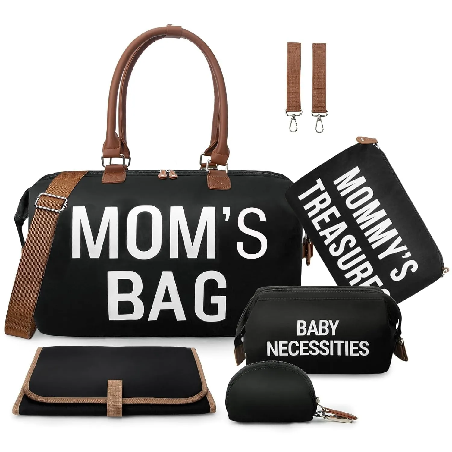 6Pcs Large Diaper Bag Tote with Changing Pad & 2 Organized Pouches, Mom'S Bag for Hospital with Pacifier Case, Straps, Stroller Hook, Baby Diaper Bag for Weekender Travel