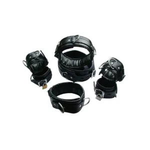 7 Pieces Set Of Black Leather Restraints - REST7-BLK - 5 X Restraints Set