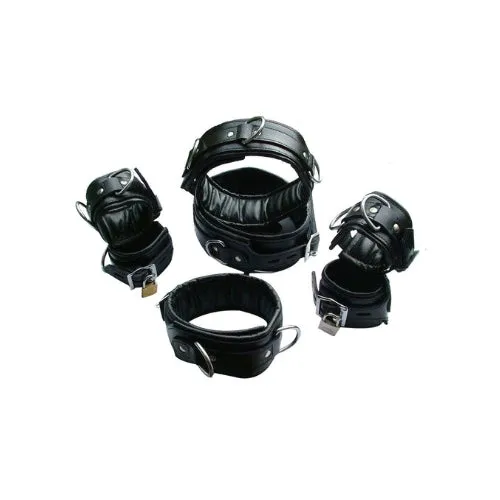 7 Pieces Set Of Black Leather Restraints - REST7-BLK - 5 X Restraints Set