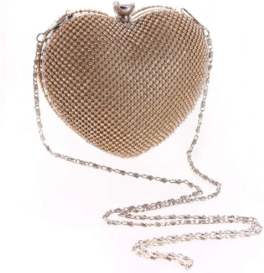 Abbie Home Heart Shaped Evening Bag Wedding Party Crystal Bridal Clutch (Gold)