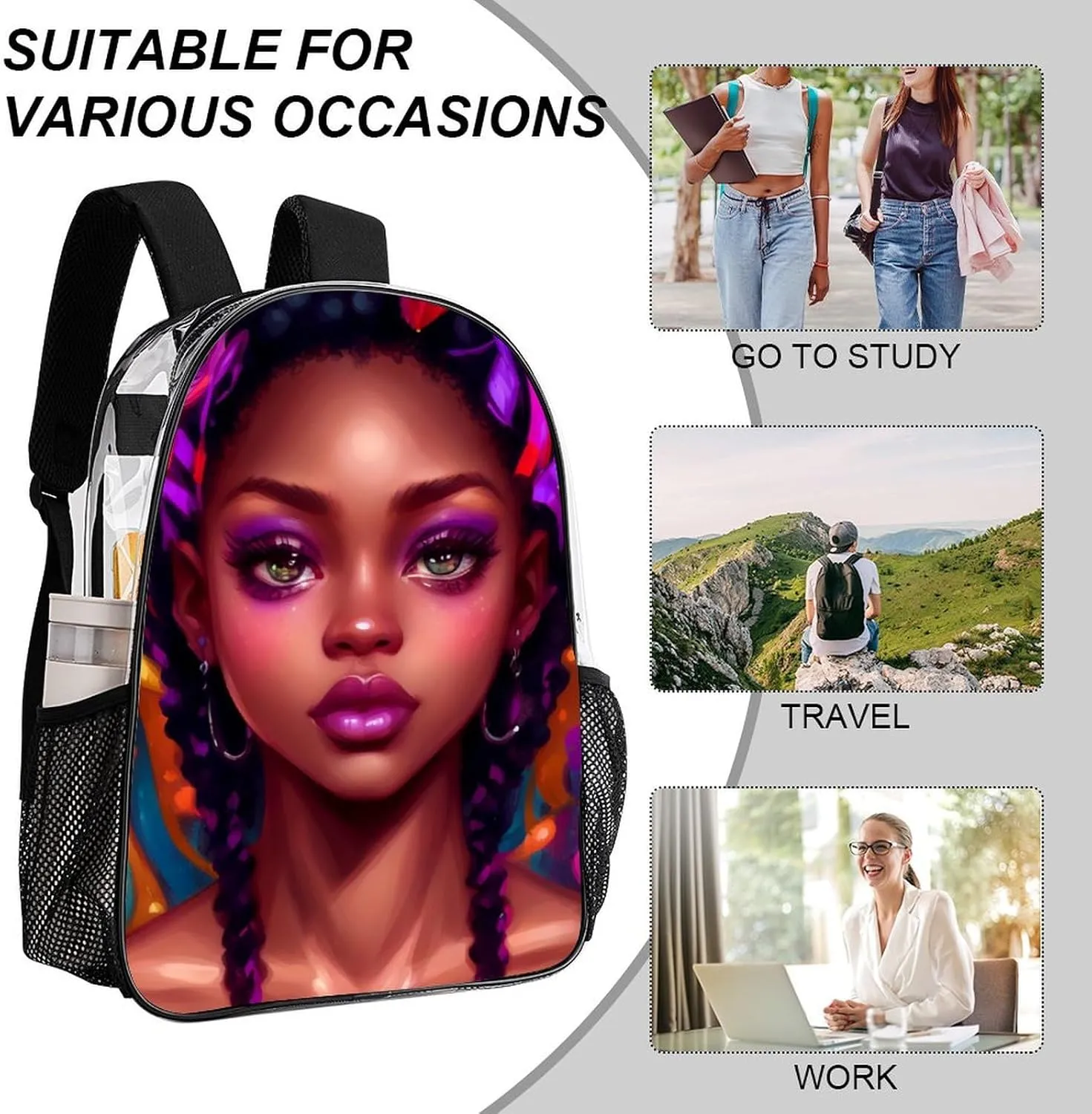 African American Women Black Womens Ethnic Art Backpack Transparent Multipurpose Anti-Theft Shoulder Bag Big Capacity Gym Outdoor Hiking Backpack With Padded Straps