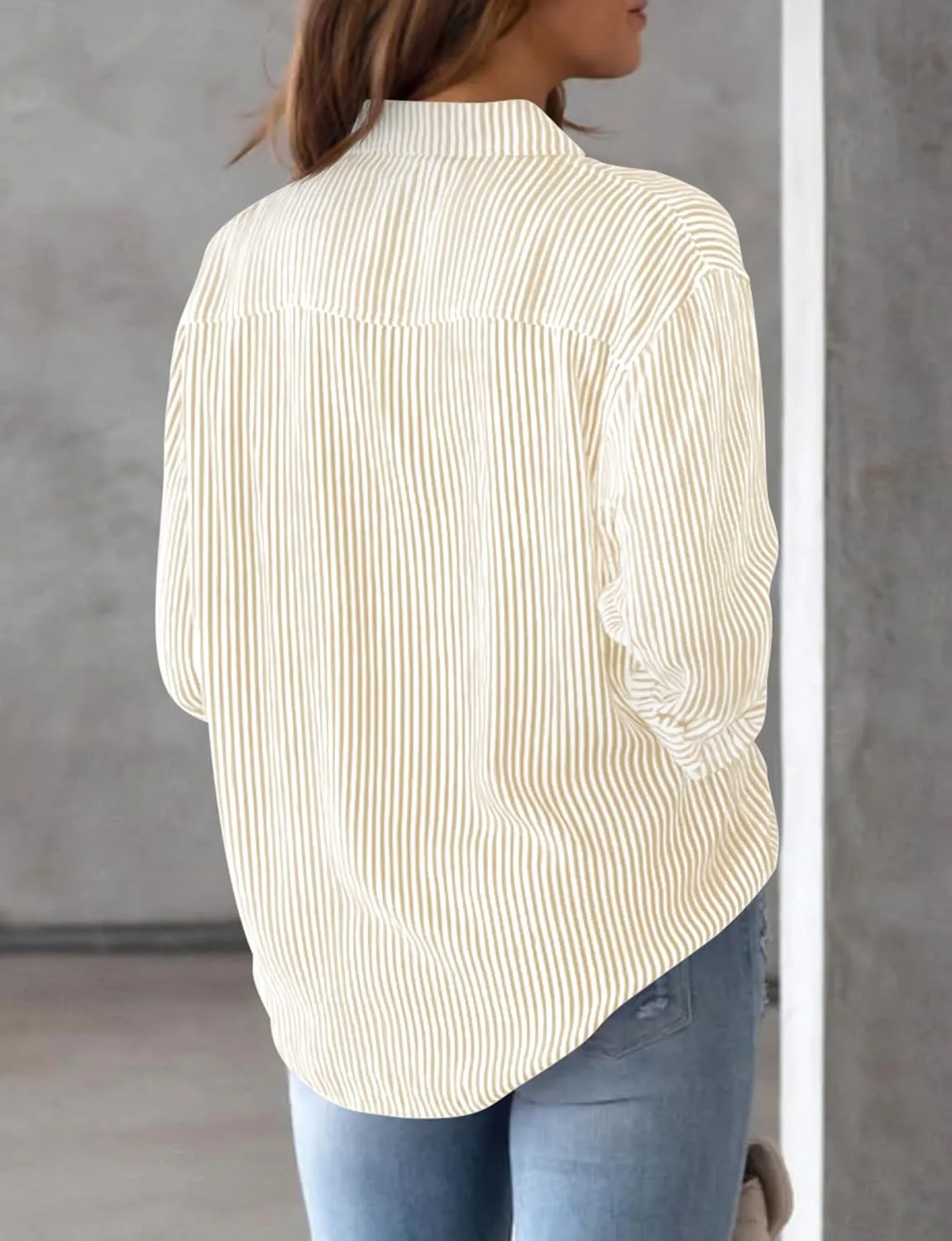AISEW Womens Button Down Shirts Striped Classic Long Sleeve Collared Office Work Blouses Tops with Pocket