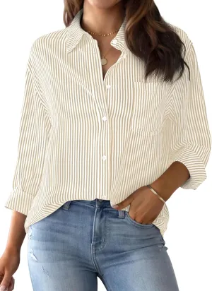 AISEW Womens Button Down Shirts Striped Classic Long Sleeve Collared Office Work Blouses Tops with Pocket