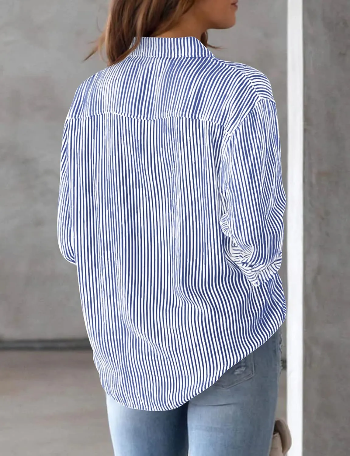 AISEW Womens Button Down Shirts Striped Classic Long Sleeve Collared Office Work Blouses Tops with Pocket