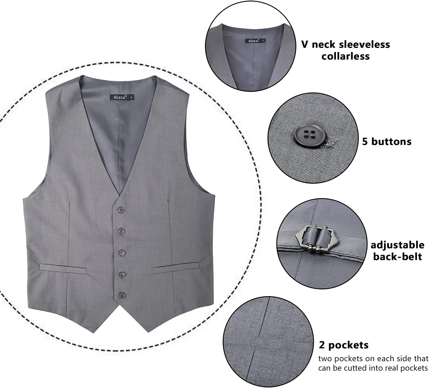 Alizeal Mens Classic Solid Color Business Suit Vest Regular Fit Tuxedo Waistcoat for Wedding