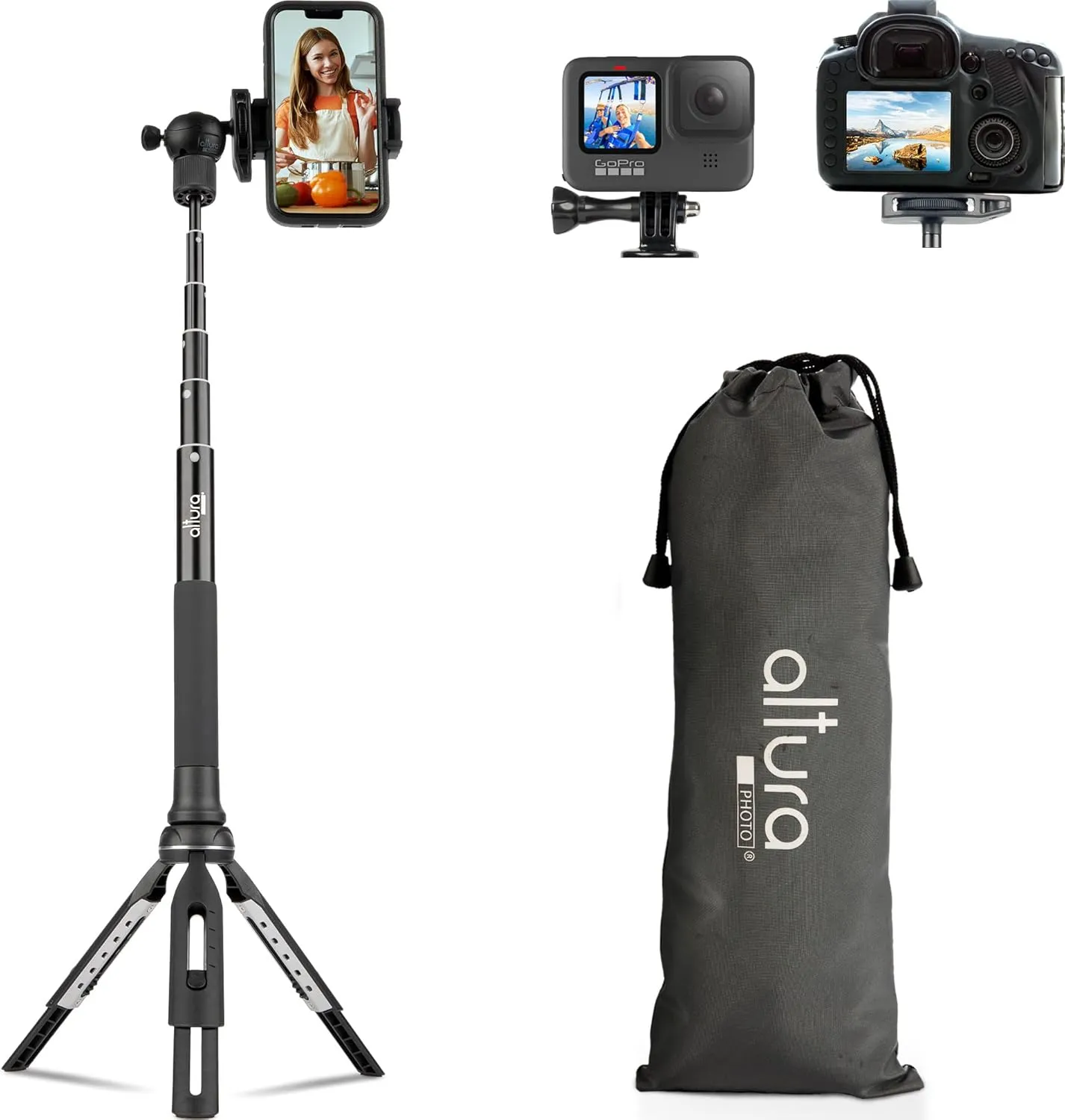 Altura Photo Phone Tripod 55" - Works as GoPro Selfie Stick & Camera Monopod - Cellphone & iPhone Stand with 360 Rotating Head and Carrying Case, Great for Travel