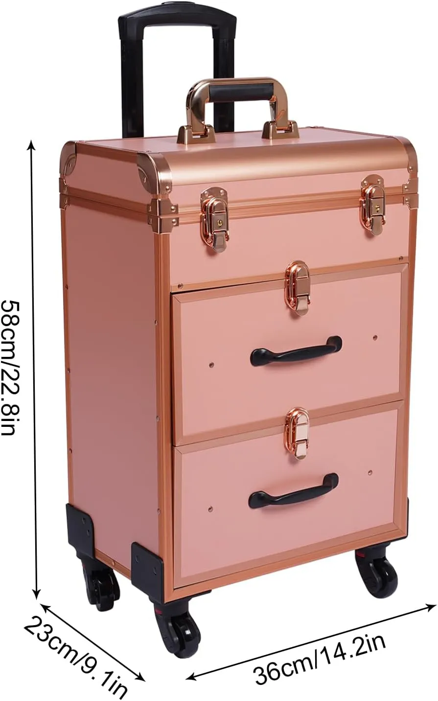 Aluminum Rolling Makeup Train Case, Portable Makeup Organizer Professional Cosmetic Trolley Large Storage Travel Beauty Luggage Trolley Salon Cosmetic Lockable w/4 Removable Wheels & 2 Sliding Drawers