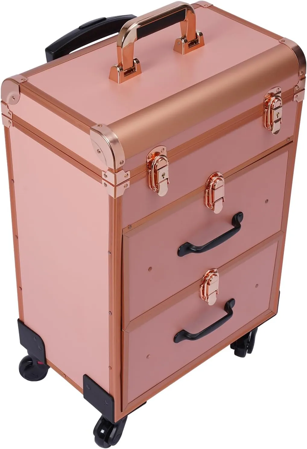 Aluminum Rolling Makeup Train Case, Portable Makeup Organizer Professional Cosmetic Trolley Large Storage Travel Beauty Luggage Trolley Salon Cosmetic Lockable w/4 Removable Wheels & 2 Sliding Drawers
