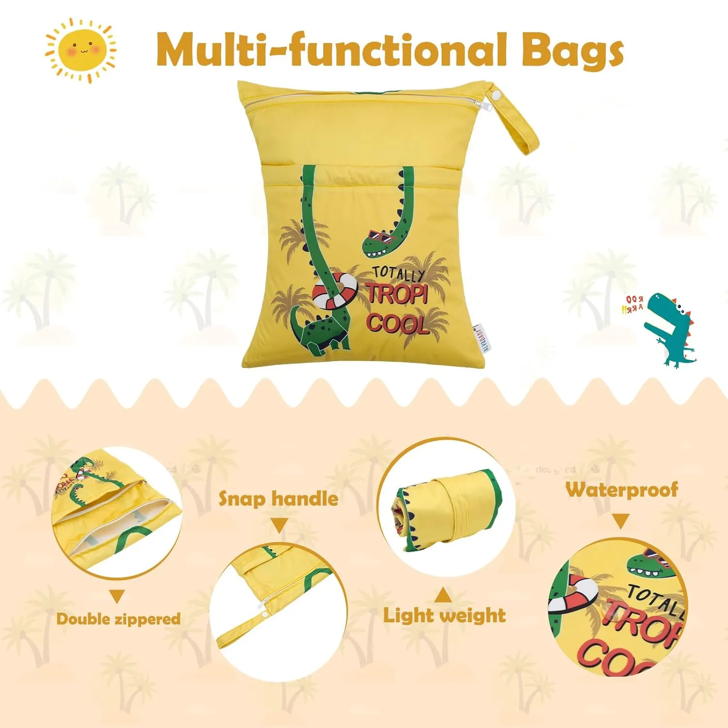 ALVABABY 3pcs Cloth Diaper Wet Dry Bags Waterproof Reusable with Two Zippered Pockets Travel Beach Pool Daycare Soiled Baby Items Yoga Gym Bag for Swimsuits or Wet Clothes 3L-ZM25A
