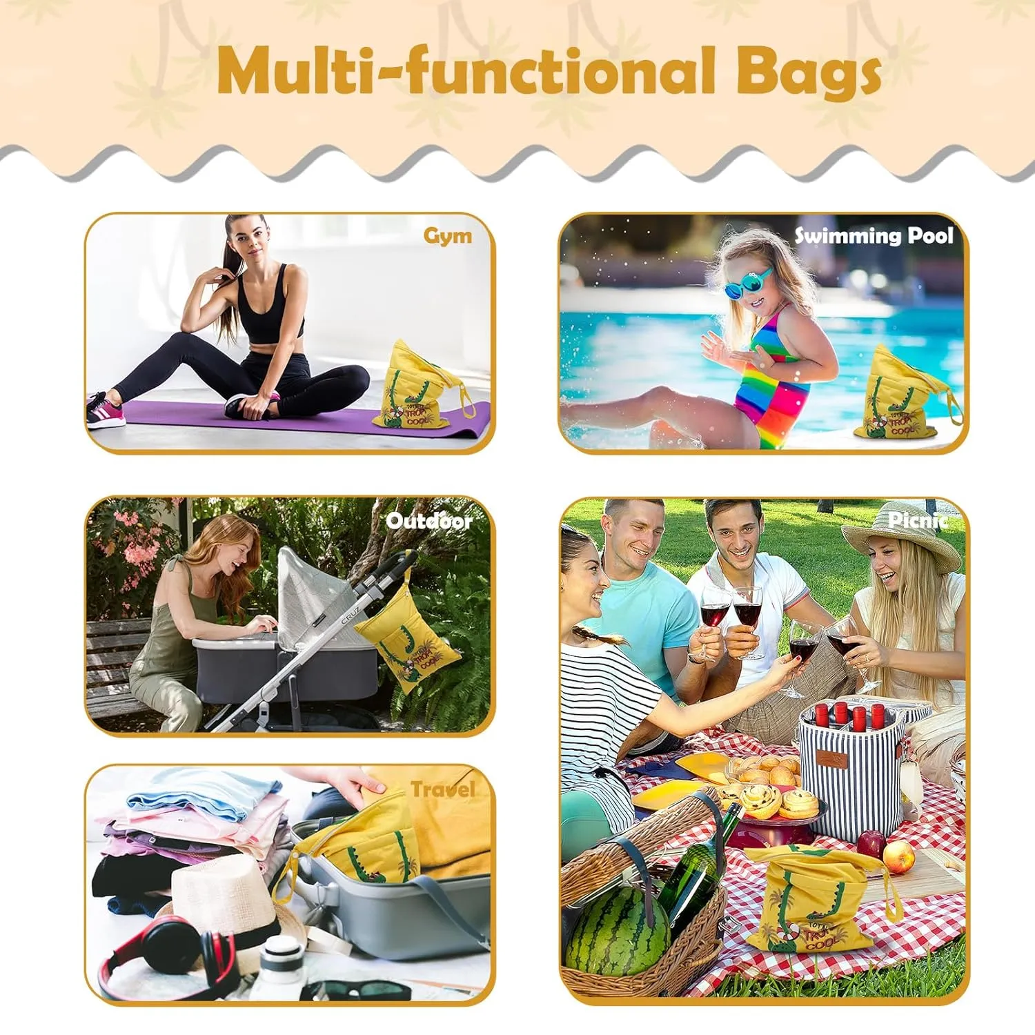 ALVABABY 3pcs Cloth Diaper Wet Dry Bags Waterproof Reusable with Two Zippered Pockets Travel Beach Pool Daycare Soiled Baby Items Yoga Gym Bag for Swimsuits or Wet Clothes 3L-ZM25A