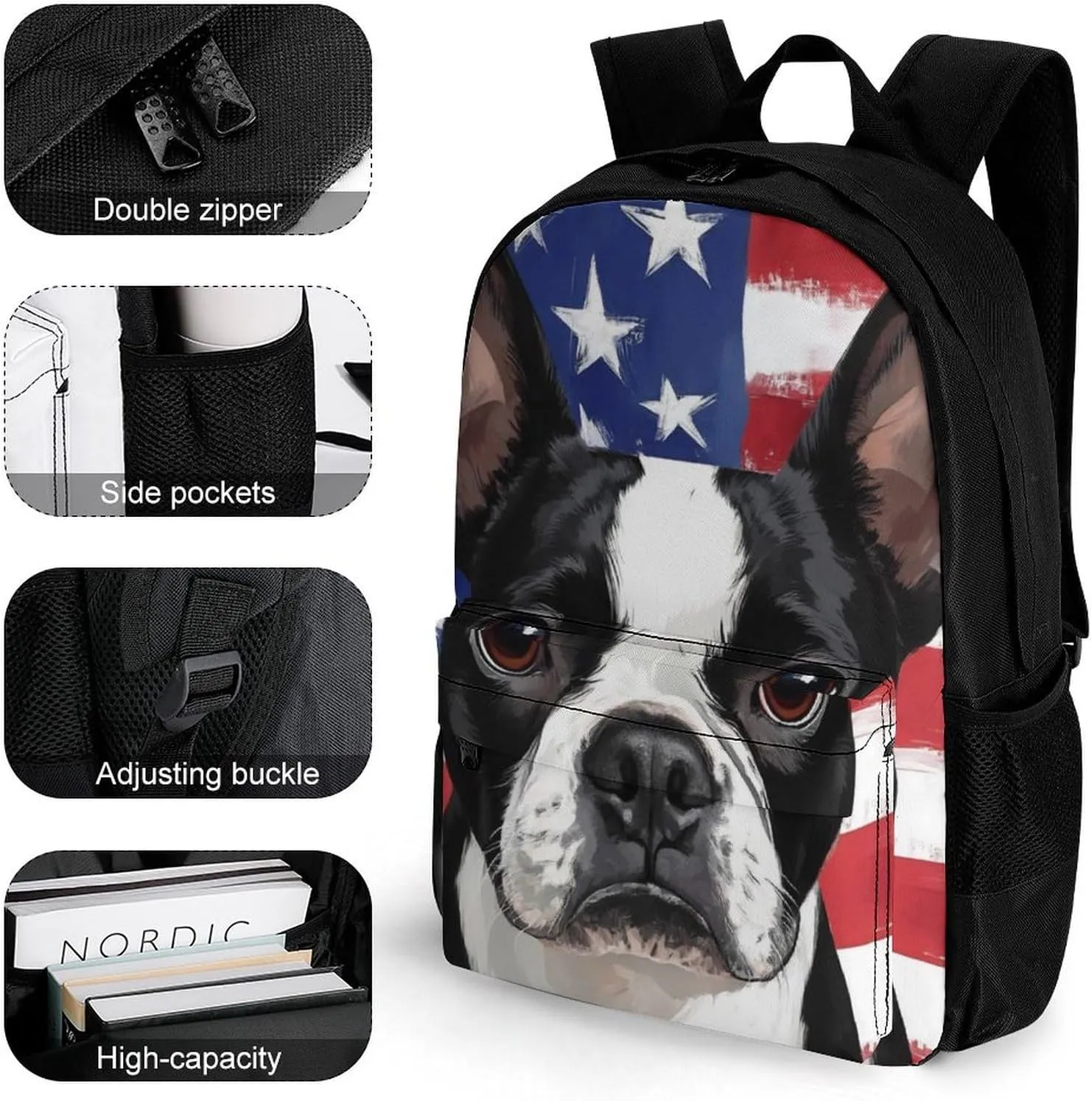American Us Flag Boston Terrier Backpack Polyester Multipurpose Anti-Theft Shoulder Bag Big Capacity Gym Outdoor Hiking Backpack With Padded Straps