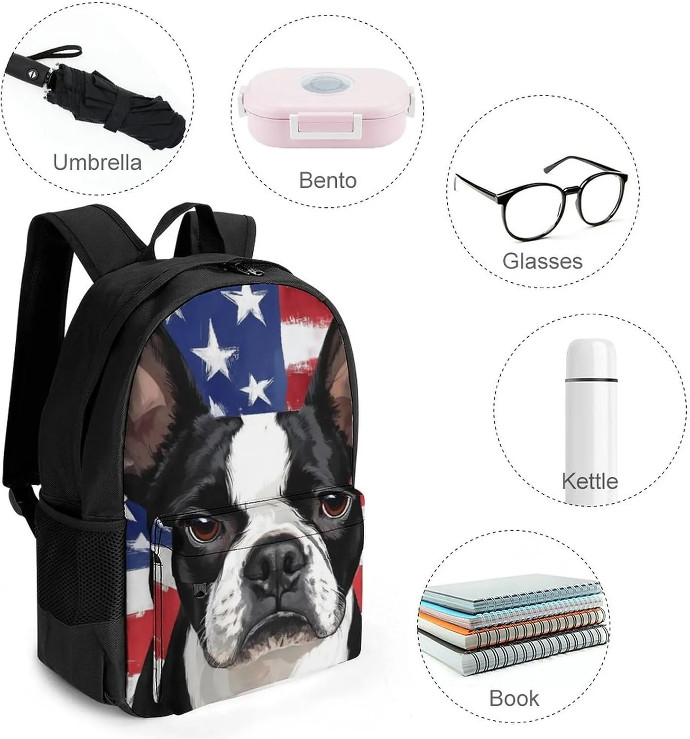 American Us Flag Boston Terrier Backpack Polyester Multipurpose Anti-Theft Shoulder Bag Big Capacity Gym Outdoor Hiking Backpack With Padded Straps