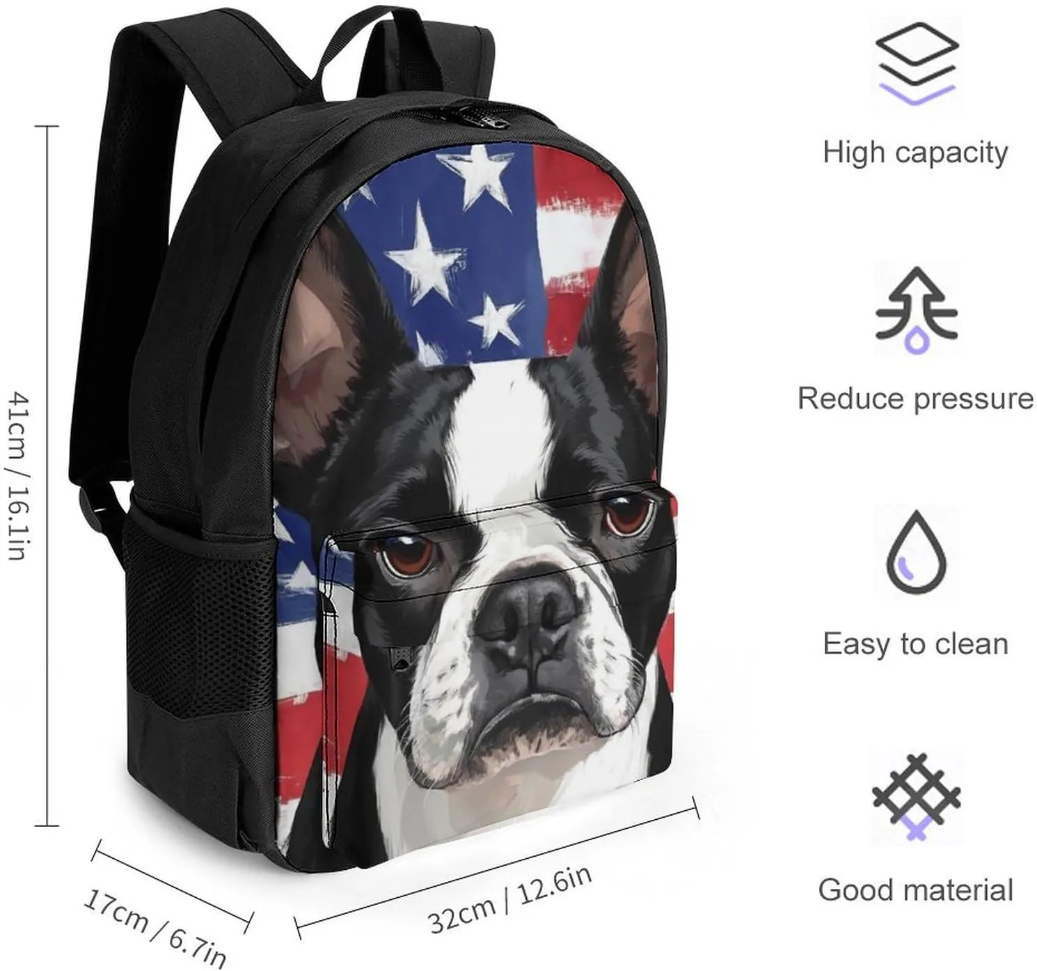 American Us Flag Boston Terrier Backpack Polyester Multipurpose Anti-Theft Shoulder Bag Big Capacity Gym Outdoor Hiking Backpack With Padded Straps