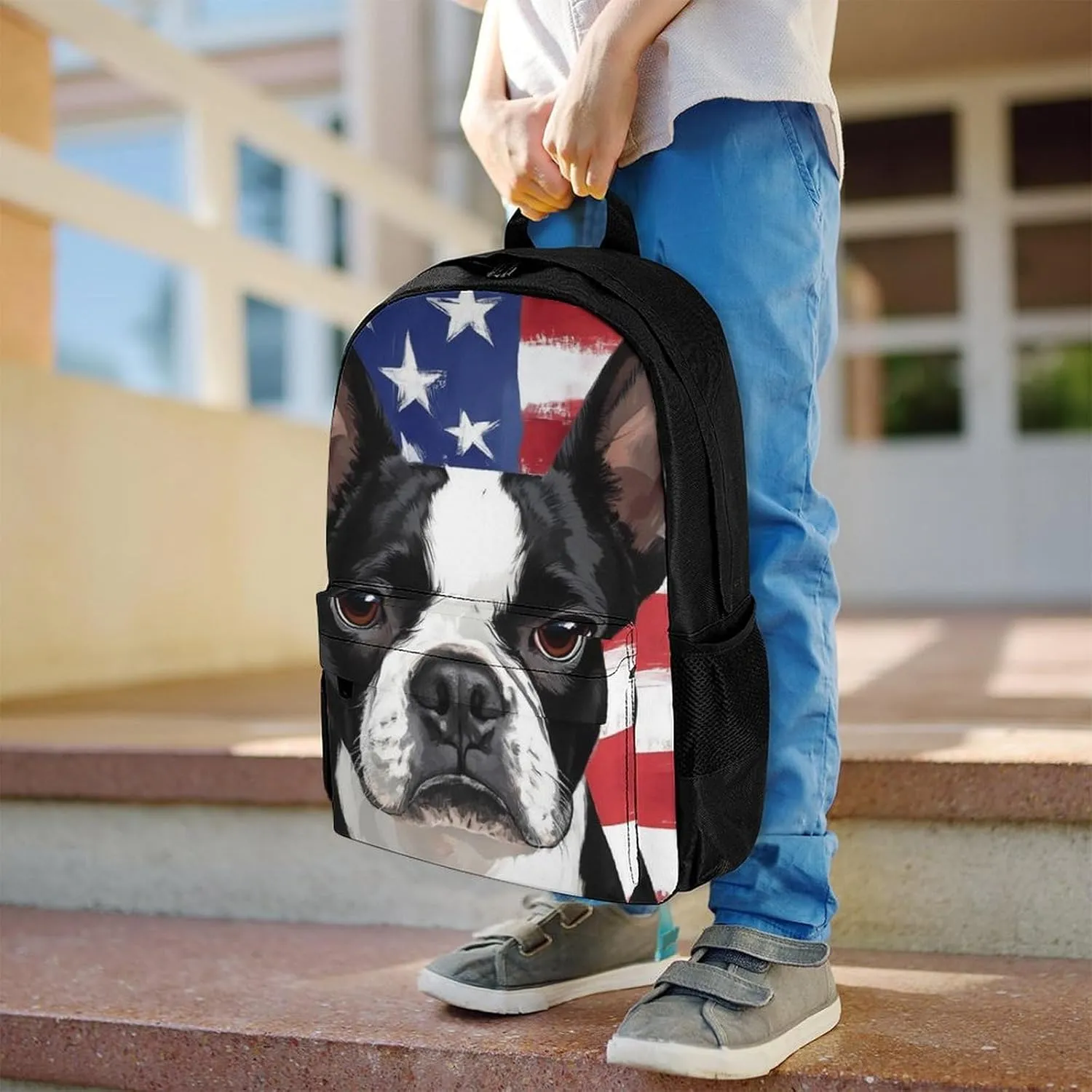 American Us Flag Boston Terrier Backpack Polyester Multipurpose Anti-Theft Shoulder Bag Big Capacity Gym Outdoor Hiking Backpack With Padded Straps
