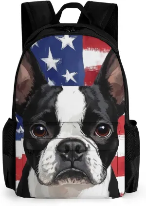 American Us Flag Boston Terrier Backpack Polyester Multipurpose Anti-Theft Shoulder Bag Big Capacity Gym Outdoor Hiking Backpack With Padded Straps