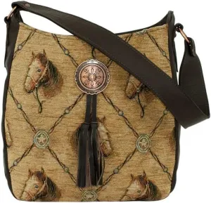 American West Womens Bridle and Bits Tapestry Zip Top Hobo Shoulder Bag -9540331