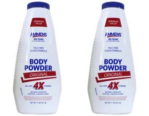Ammens Body Powder Original – Talc-Free Clean Formula, All-Day 4X Strong Protection, 11 oz (Pack of 2)