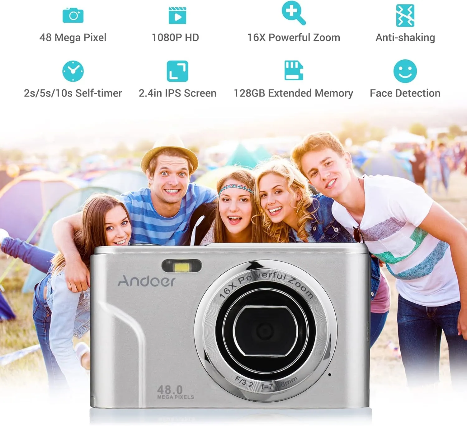 Andoer Portable Digital Camera 48MP 1080P 2.4-inch IPS Screen 16X Zoom Auto Focus Self-Timer 128GB Extended Memory Face Detection Anti-Shaking with 2pcs Batteries Hand Strap Carry Pouch