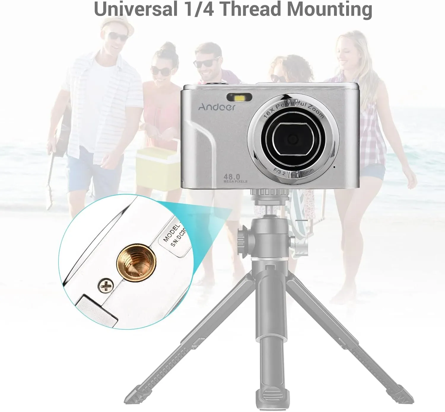Andoer Portable Digital Camera 48MP 1080P 2.4-inch IPS Screen 16X Zoom Auto Focus Self-Timer 128GB Extended Memory Face Detection Anti-Shaking with 2pcs Batteries Hand Strap Carry Pouch