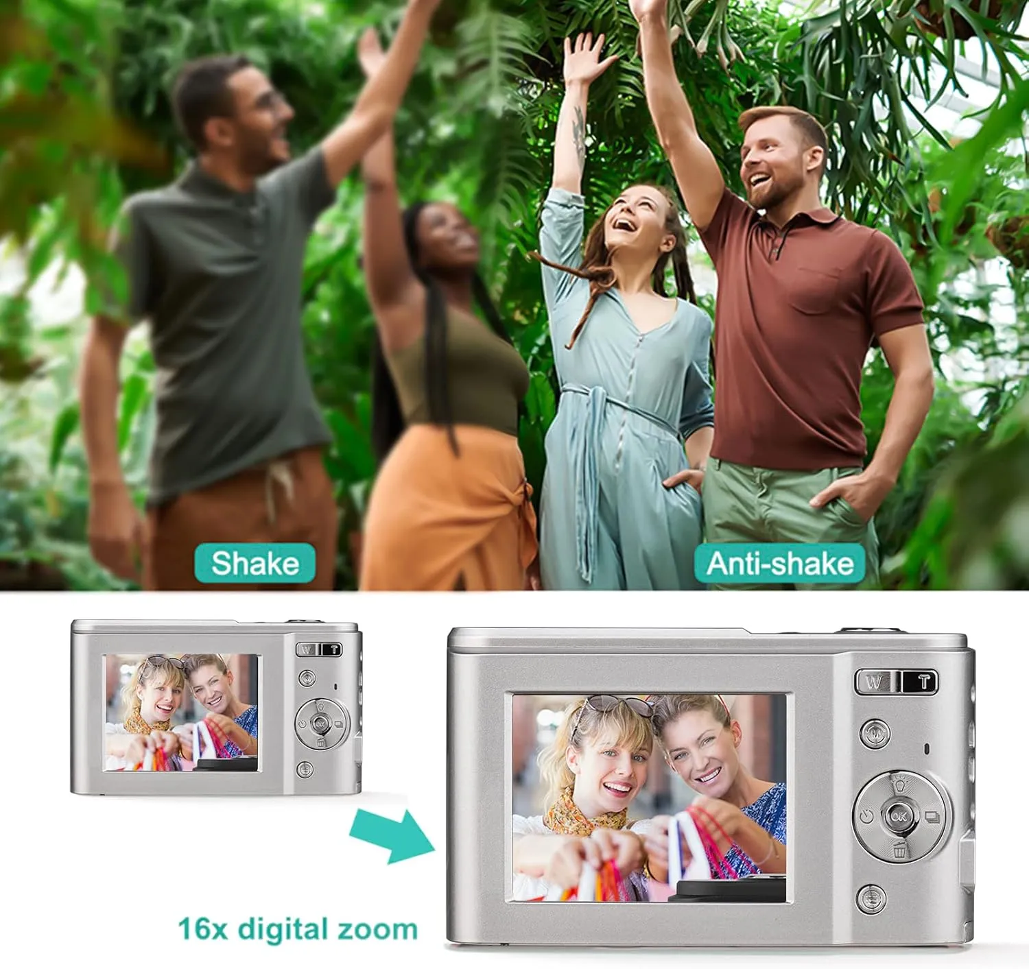 Andoer Portable Digital Camera 48MP 1080P 2.4-inch IPS Screen 16X Zoom Auto Focus Self-Timer 128GB Extended Memory Face Detection Anti-Shaking with 2pcs Batteries Hand Strap Carry Pouch