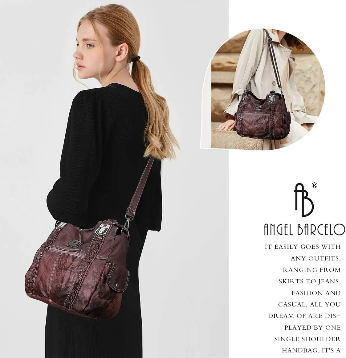 Angel Barcelo Roomy Fashion Hobo Womens Handbags Ladies Purse Satchel Shoulder Bags Tote Washed Leather Bag