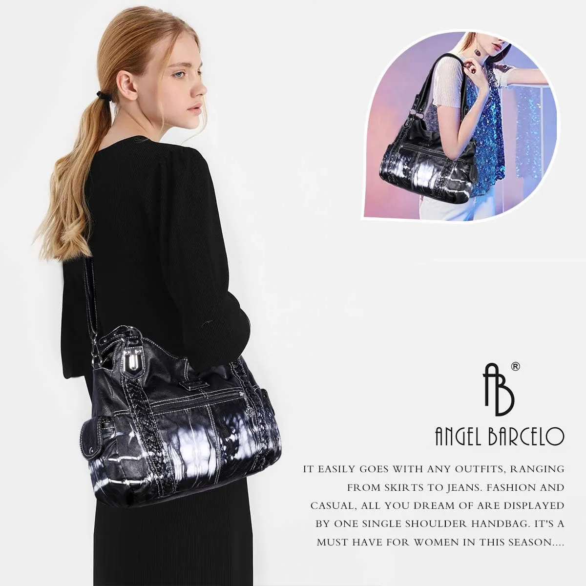 Angel Barcelo Roomy Fashion Hobo Womens Handbags Ladies Purse Satchel Shoulder Bags Tote Washed Leather Bag