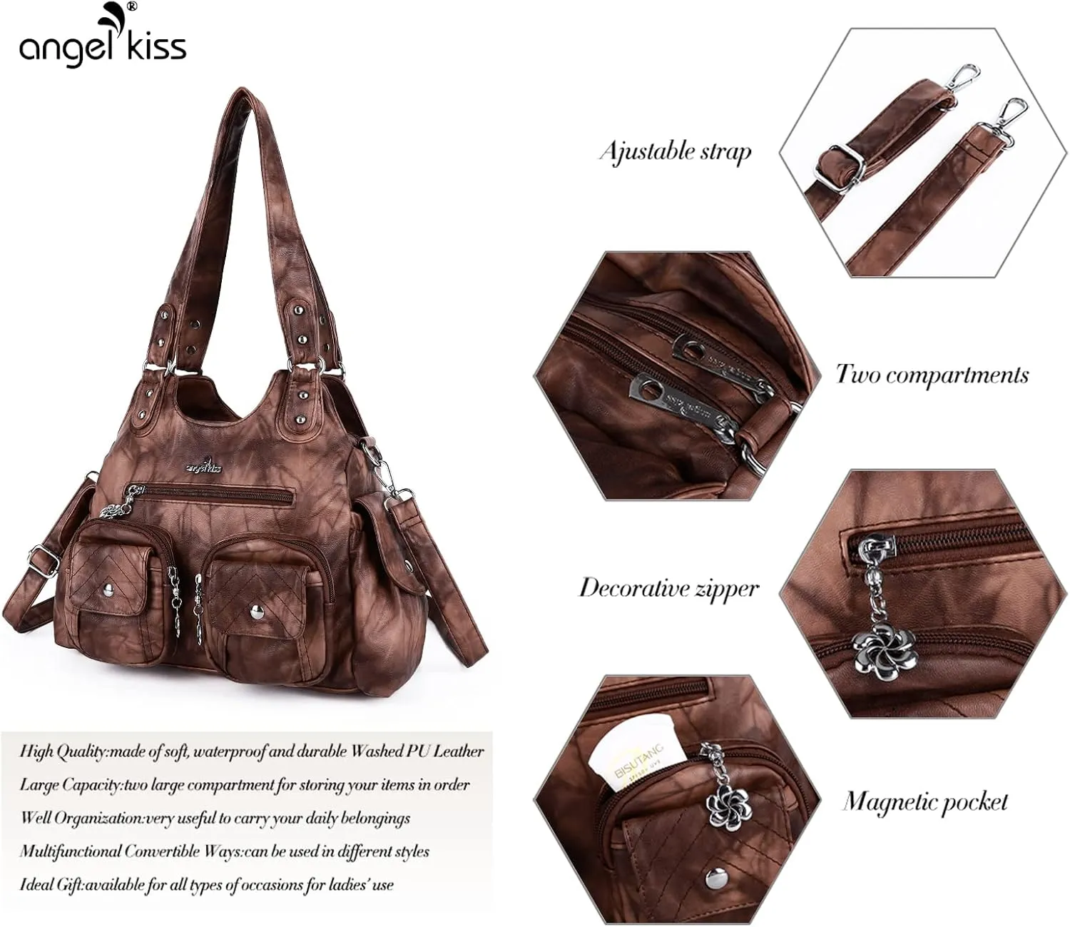 Angel Kiss Handbags for Women Large Hobo Bag Soft PU Leather Shoulder Bag for Women