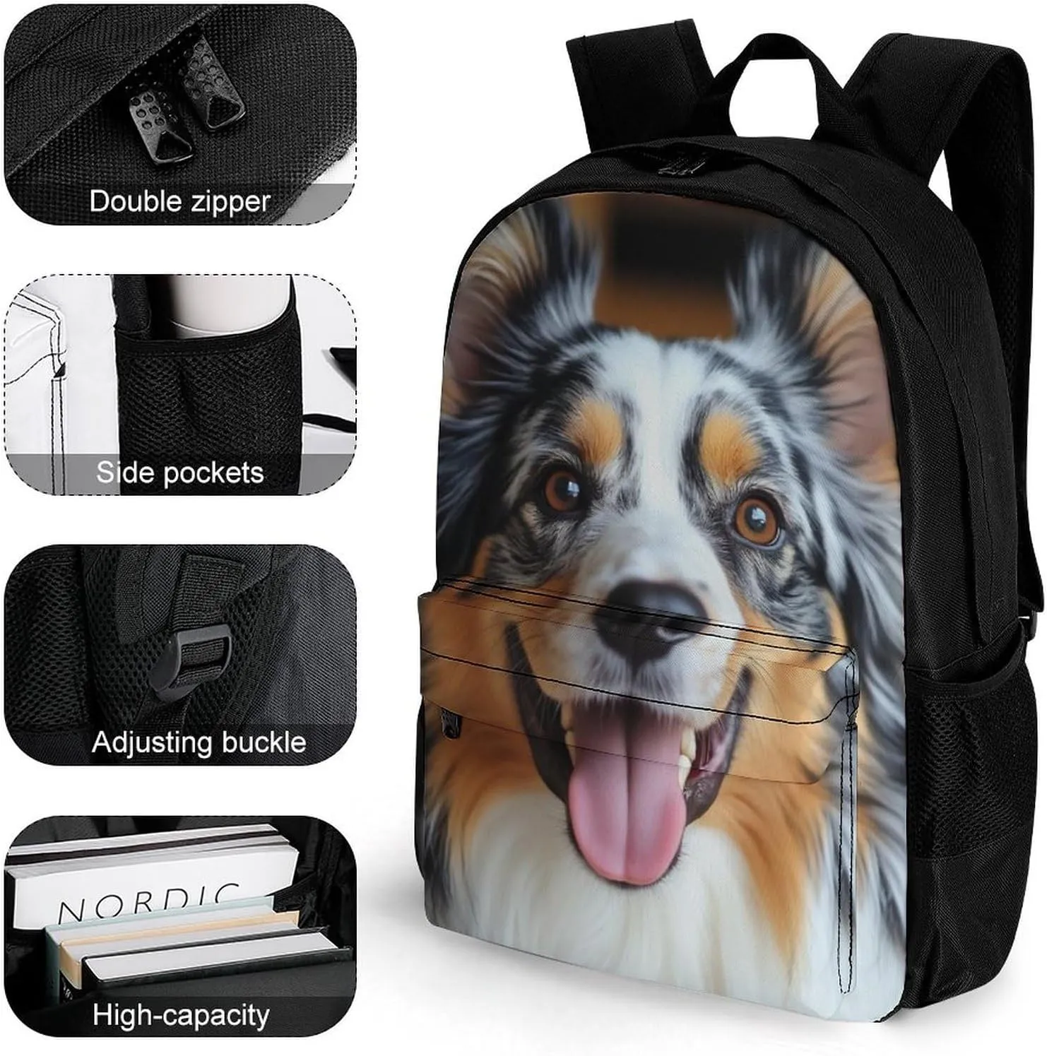 Animal Australian Shepherd Backpack Lightweight Anti-Theft Multipurpose Shoulder Bag Large Capacity Travel Hiking Backpack With Padded Straps