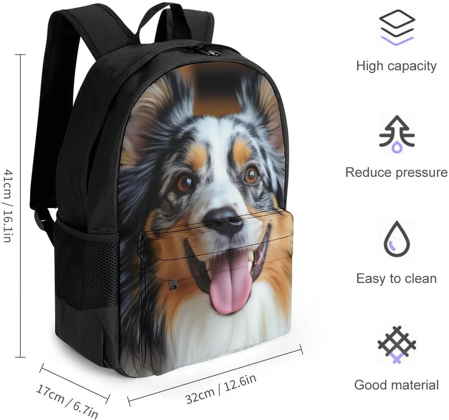 Animal Australian Shepherd Backpack Lightweight Anti-Theft Multipurpose Shoulder Bag Large Capacity Travel Hiking Backpack With Padded Straps