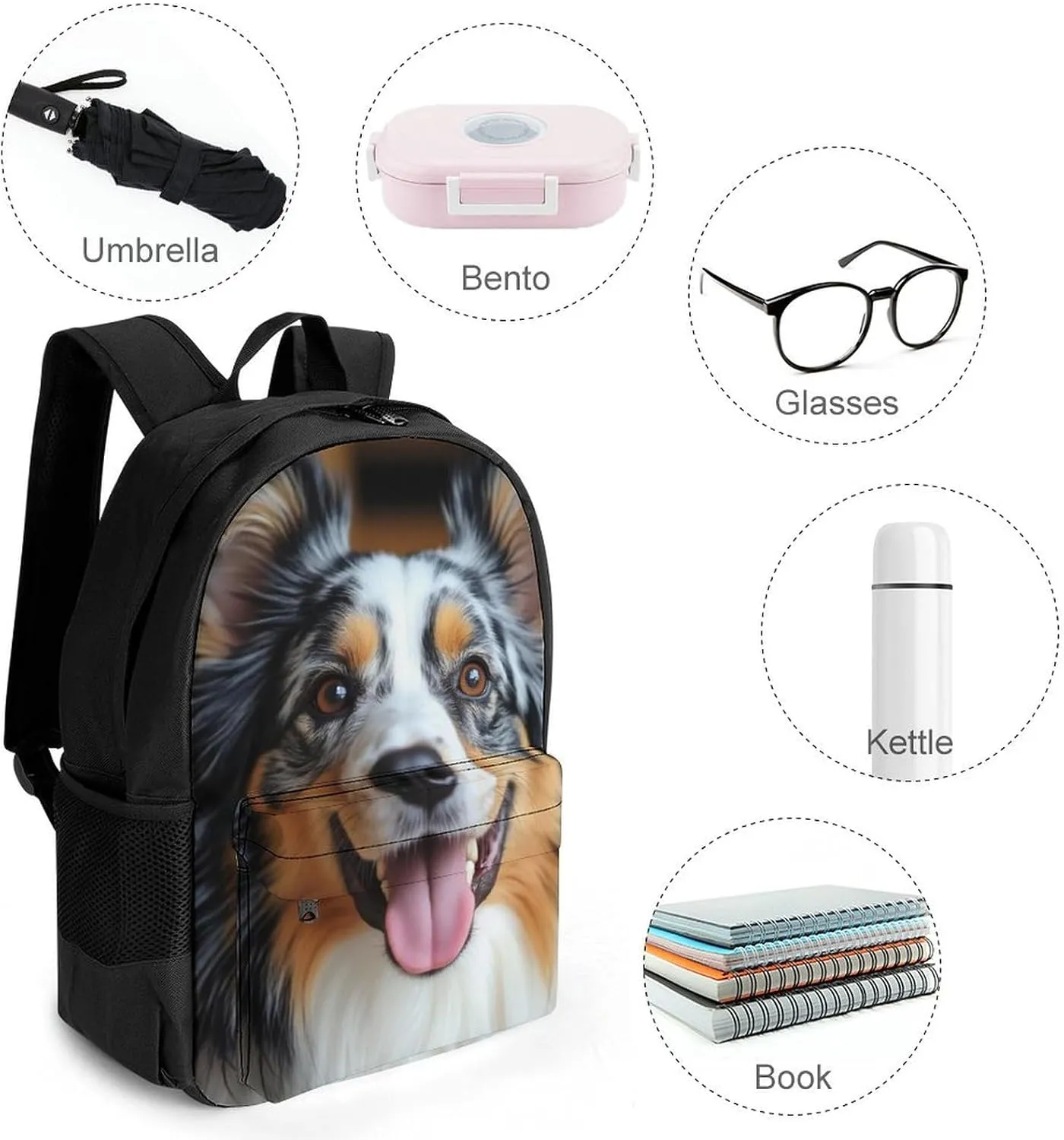Animal Australian Shepherd Backpack Lightweight Anti-Theft Multipurpose Shoulder Bag Large Capacity Travel Hiking Backpack With Padded Straps