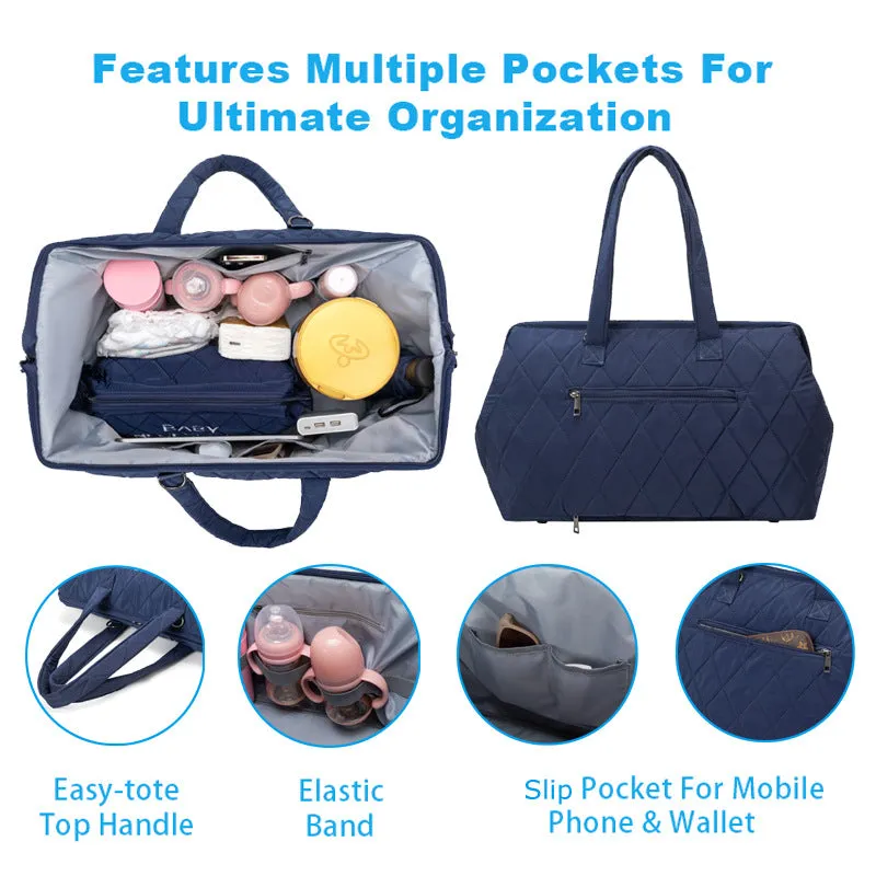 ANYMOM Mommy Diaper Bag Blue Handbag 5 pcs set with Portable Changing Pad Adjustable and Removable Strap Diamond Pattern Maternity Bag