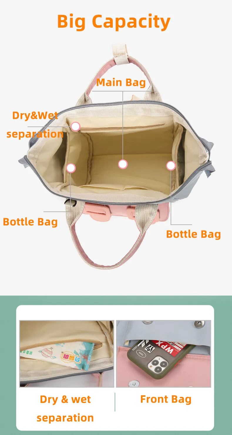 ANYMOM Mommy Diaper Bag Pink Backpack Big Capacity Handbag Stroller for Moms Detachable Strap Maternity Shoulder Bag