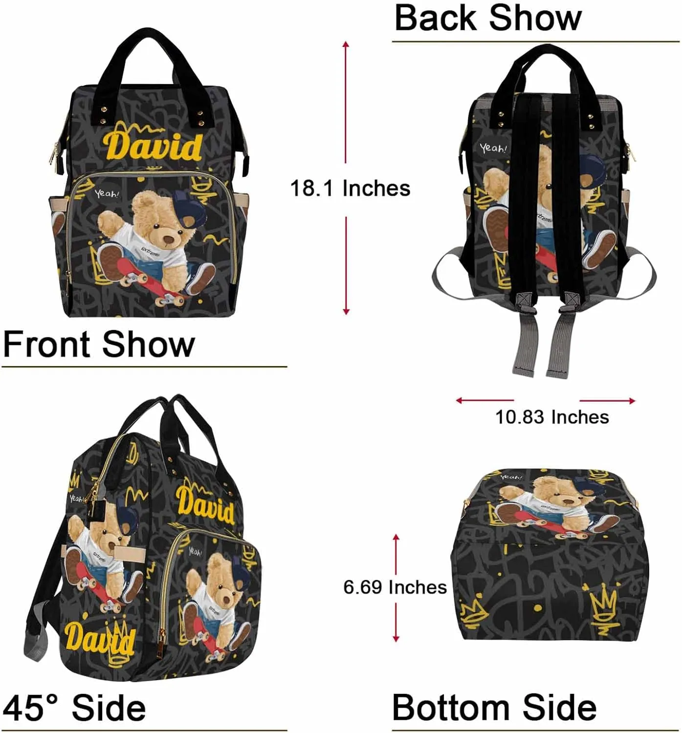 Artsadd Custom Bear Diaper Bag Backpack for Baby Boys, Personalized Name Large Nappy Nursing Orangizer Mommy Bags, Waterproof Travel Daypack for Baby Shower Gifts