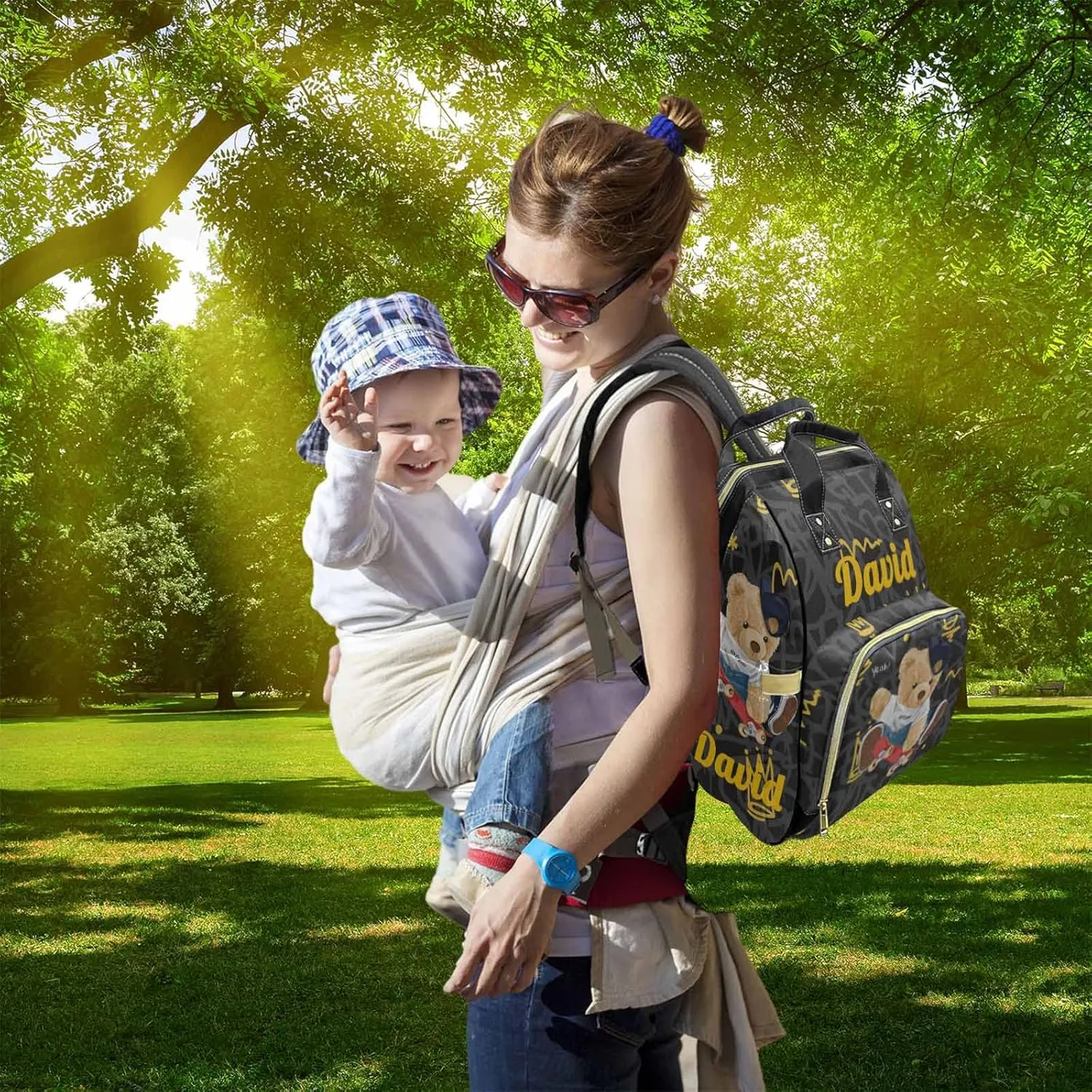 Artsadd Custom Bear Diaper Bag Backpack for Baby Boys, Personalized Name Large Nappy Nursing Orangizer Mommy Bags, Waterproof Travel Daypack for Baby Shower Gifts