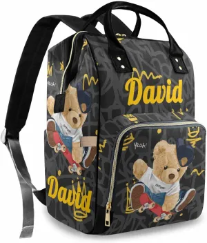 Artsadd Custom Bear Diaper Bag Backpack for Baby Boys, Personalized Name Large Nappy Nursing Orangizer Mommy Bags, Waterproof Travel Daypack for Baby Shower Gifts