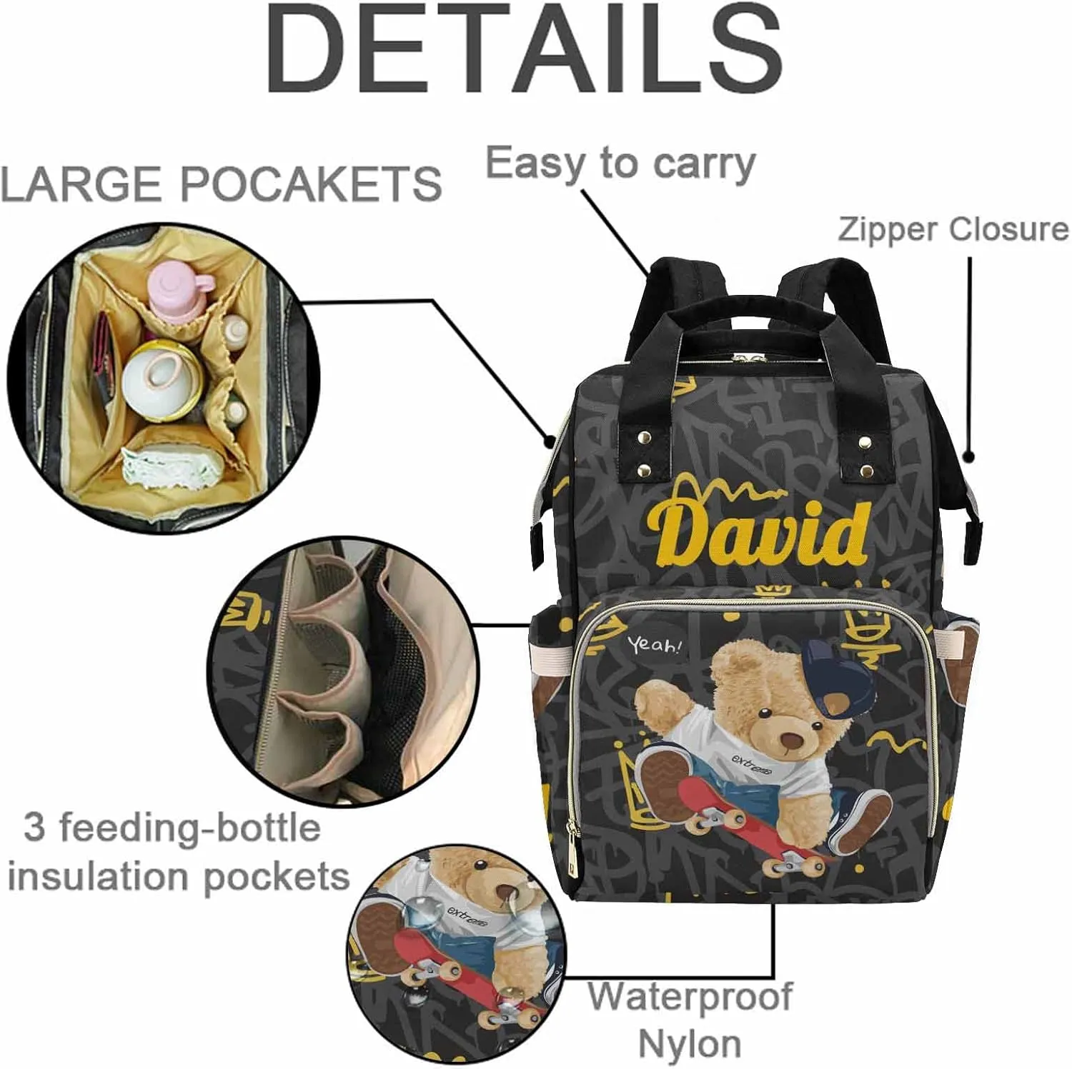 Artsadd Custom Bear Diaper Bag Backpack for Baby Boys, Personalized Name Large Nappy Nursing Orangizer Mommy Bags, Waterproof Travel Daypack for Baby Shower Gifts