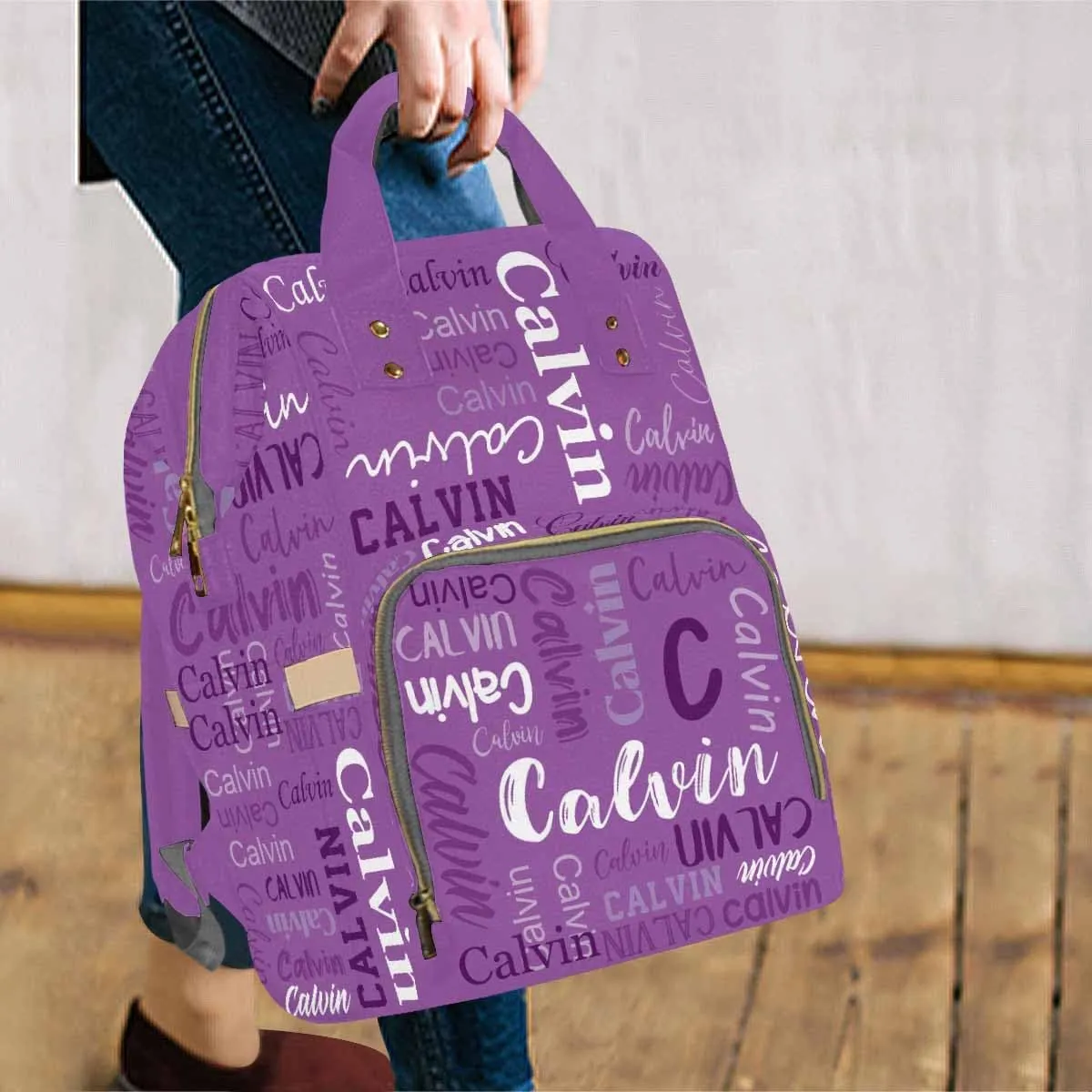 Artsadd Personalized Name Nappy Bag Large Capacity Baby Diaper Bags, Purple Monogram Daypack Custom Name Backpack Casual Daypack Bag Gifts for Niece Daughter Granddaughter