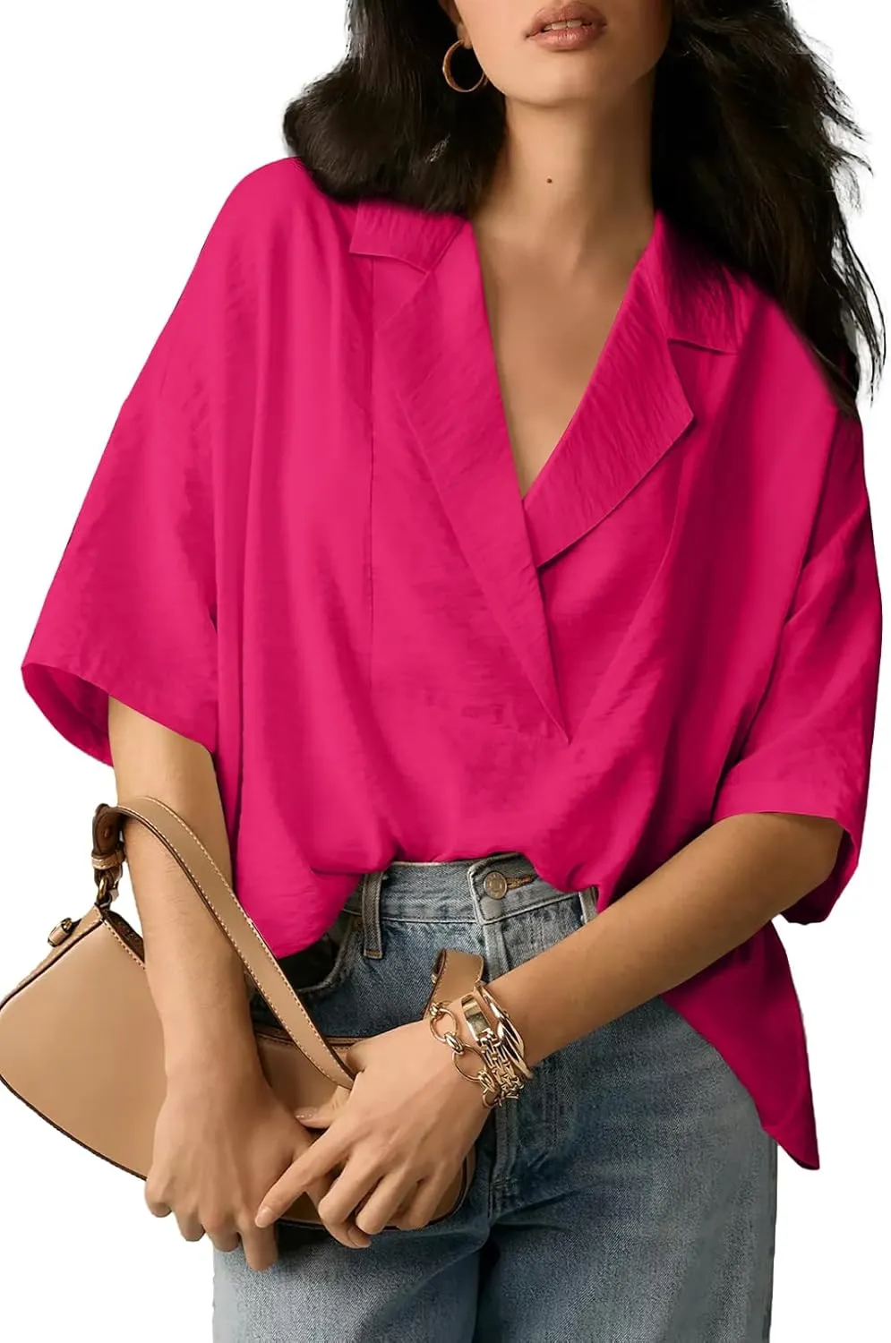 Astylish Womens Dressy Casual Blouse Business Short Sleeve Collared Tops Placket V Neck Work Shirt