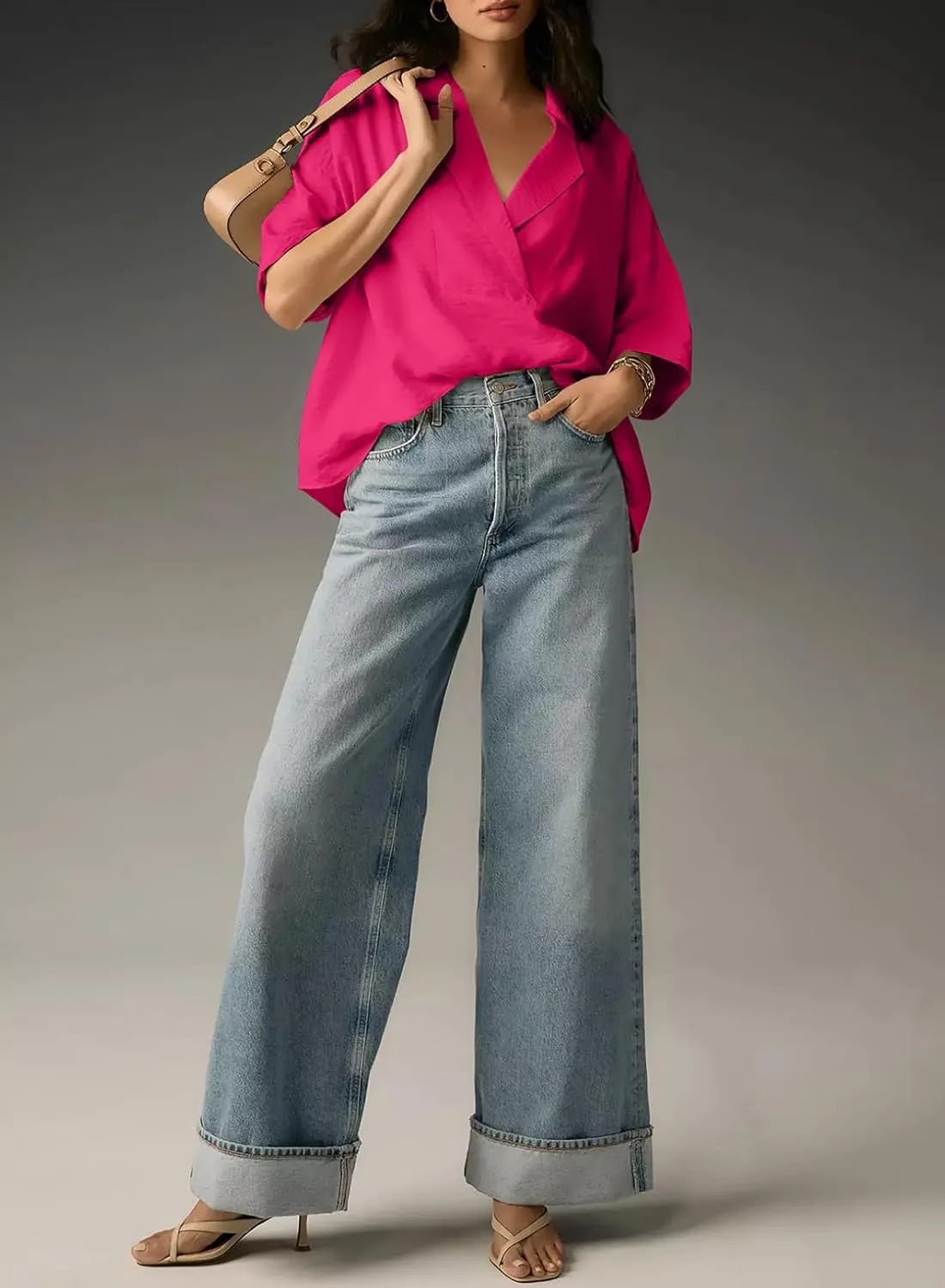 Astylish Womens Dressy Casual Blouse Business Short Sleeve Collared Tops Placket V Neck Work Shirt