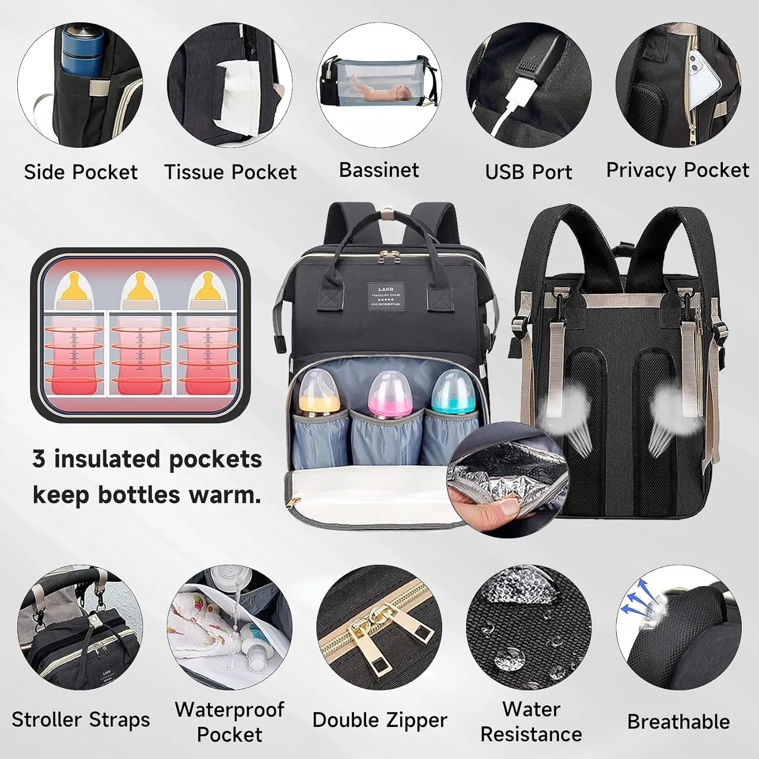 Baby Bag Diaper Bags with Changing Station, Large Capacity Diaper Bag Backpack for Moms Dads with USB Charging Port, Waterproof Diaper Backpack（Black）