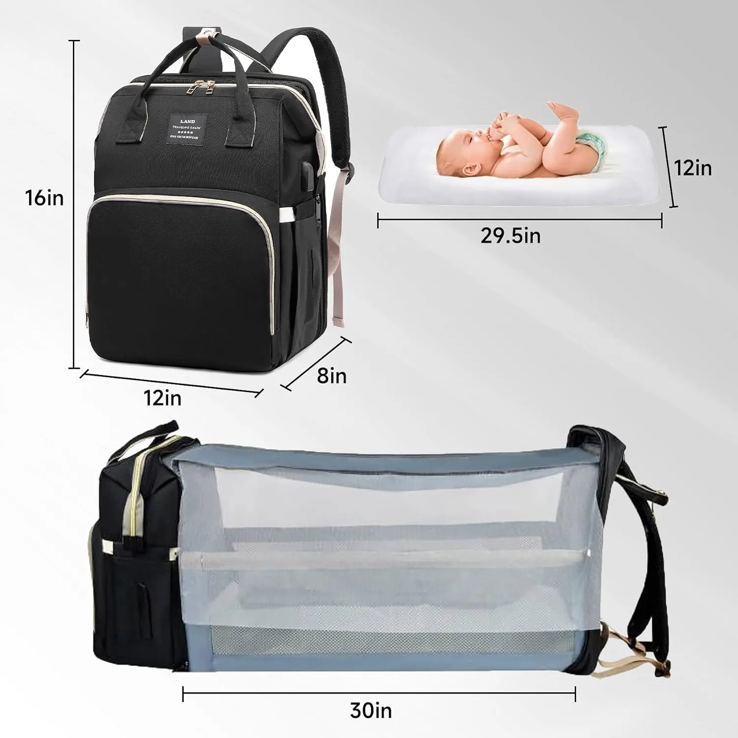 Baby Bag Diaper Bags with Changing Station, Large Capacity Diaper Bag Backpack for Moms Dads with USB Charging Port, Waterproof Diaper Backpack（Black）