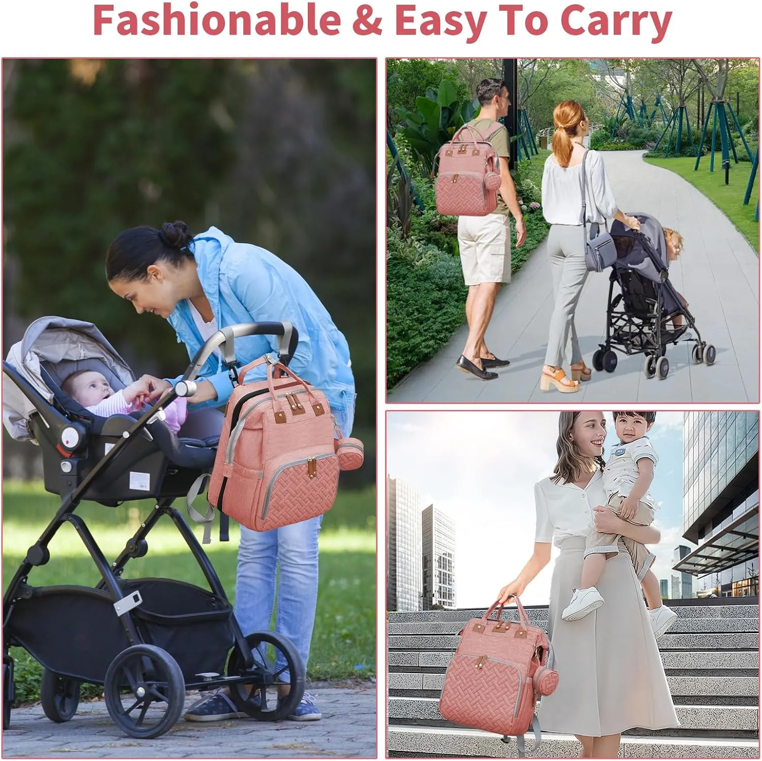 Baby Diaper Bags with Changing Station, Multifunctional Diaper Bag Backpack for Moms Dads with USB Charging Port, Waterproof Travel Diaper, Baby Shower Gifts for Baby Boy & Girls (Pink)