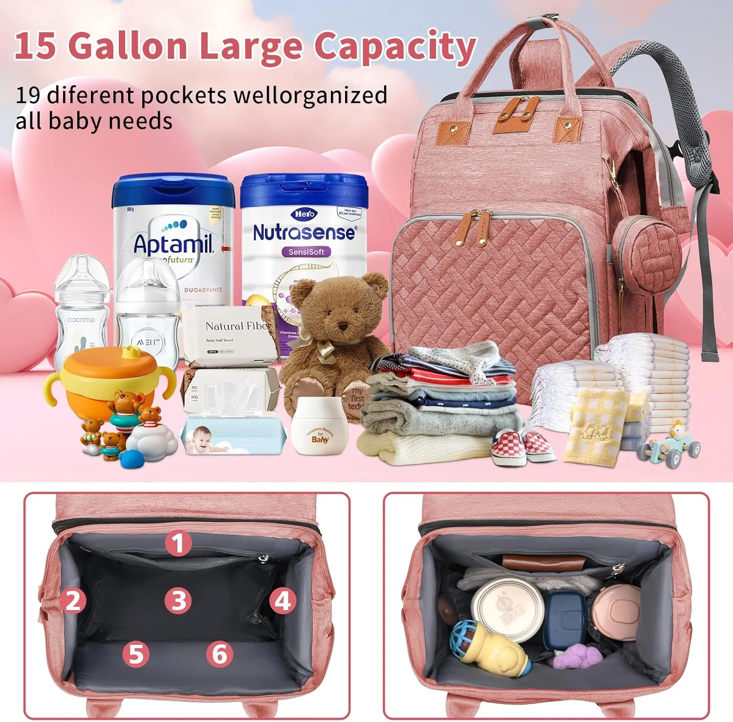 Baby Diaper Bags with Changing Station, Multifunctional Diaper Bag Backpack for Moms Dads with USB Charging Port, Waterproof Travel Diaper, Baby Shower Gifts for Baby Boy & Girls (Pink)